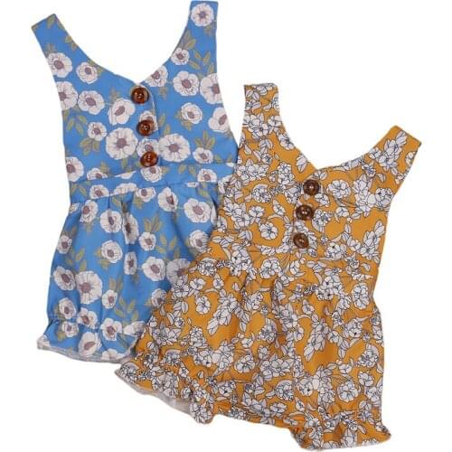 Newborn Baby Girls Floral Print Short Romper, Sleeveless V-neck Jumpsuit with Ruffles for Summer, 0-18Months