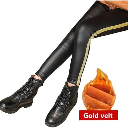 Baby Girls Faux Leather Leggings Side Srtipe Winter Kids Thick Gold Cashmere Warm Leggings Pencil Pants Children Trousers 2020