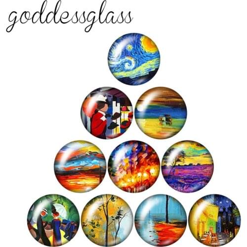 Oil paintings scenery Trees Sunset 10pcs 12mm/18mm/20mm/25mm Round photo glass cabochon demo flat back Making findings ZB1124