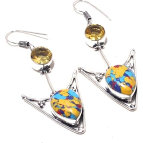 Mosaic Jaspers,Citrines ,Silver Overlay on Copper Earrings ,64mm , FRE0068