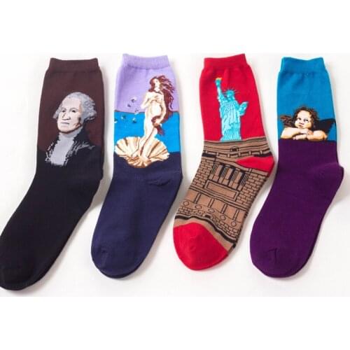 Men Crazy Socks Cotton Art Oil Painting Retro Dress Fashion Funny Autumn Famous Pattern Print Antique Casual Sport Crew