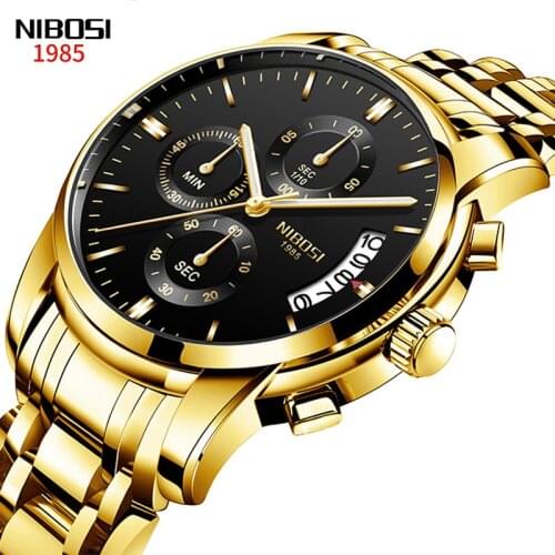 NIBOSI New Men Watches Gold Stainless Steel Strap Waterproof Top Brand Luxury Quartz Watch Mens Fashion Watch Relogio Masculino