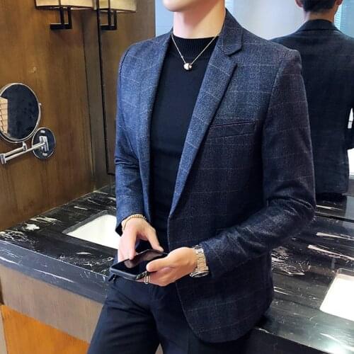 Men Tuxedo 2021 Classic Retro Slim Suit Jacket Men Single Button Casual Print Lattice Slim Blazer M-5XL