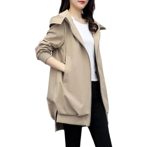 New Autumn Windbreaker Women Coat Loose Casual Hooded Lining Trench Coat Women Long Sleeve Zipper Pockets Plus Size Outerwear