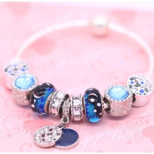 2021 NEW Bracelets Murano Glass Crystal Charms Beads Fits European Bangles Night Sky Blue Loveheart Exquisite Beads Bracelets