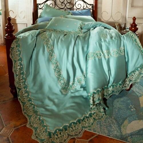 Luxury Lace Embroidery green Tencel 100S cotton Wedding Bedding sets Queen King Duvet cover Bed sheet set Pillowcases 4pcs