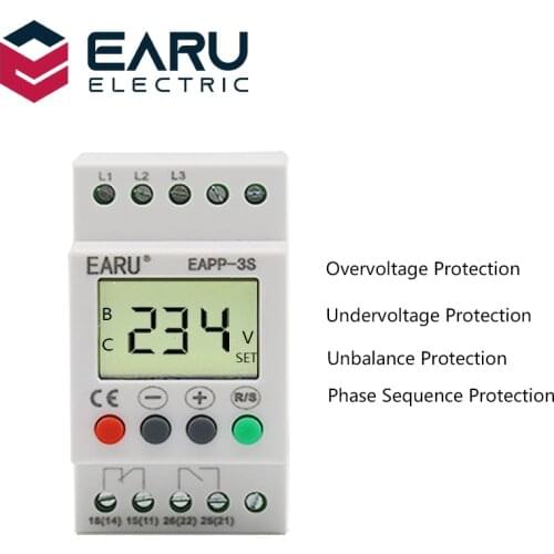 With LCD Backlight Display 3 Phase Din rail Adjustable Under Over Voltage Protector Voltage Monitoring Sequence Protection Relay