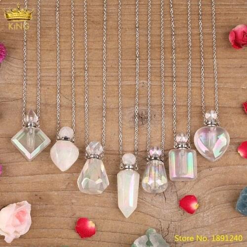Titanium Rainbow White Quartz Crystal Heart Retcangle Perfume Oil Bottle Pendant Necklace Women Gold Aura Stone Vial Necklace