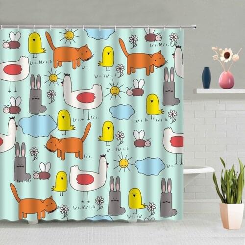 Cartoon Animals Shower Curtain Cat Chicken Bee Monkey Alpaca Flamingo Giraffe Elephant Dolphin Panda Lion Tiger Hippo Fox Bear