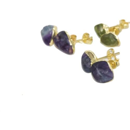 Natural Fluorite Quartz stud Earrings femme 2019 Irregular Simple New Style Gold Bezel Rainbow Sweet Gem stone Earring for women