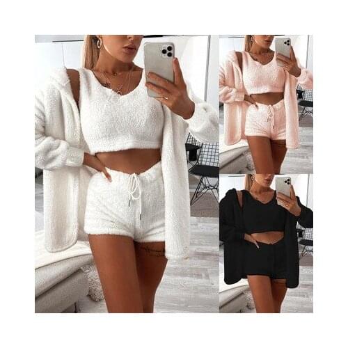 2020 New Fashion Womens Three Piece Suit Home Furnishing Lace Up Shorts Cardigan Loose Coat Plush Solid Color Set Autumn Winter