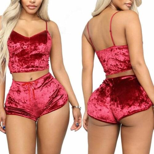 Women Pajama Set Underwear Sexy Sleeveless Crop Top Camisole Micro Shorts Velvet Slim Sleepwear Set