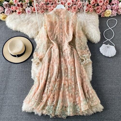 2021 Spring Chic Floral Embroidery Mesh Dress Women Button Large Hem Long Sleeve Lace Dress Ladies Long Western Party Vestidos