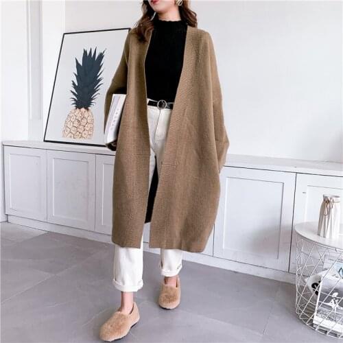 [ZAYAU]Winter Thickened High Density Knitted Solid Color V-Neck Sweater Cardigan womens Medium Long Loose Lazy Coat