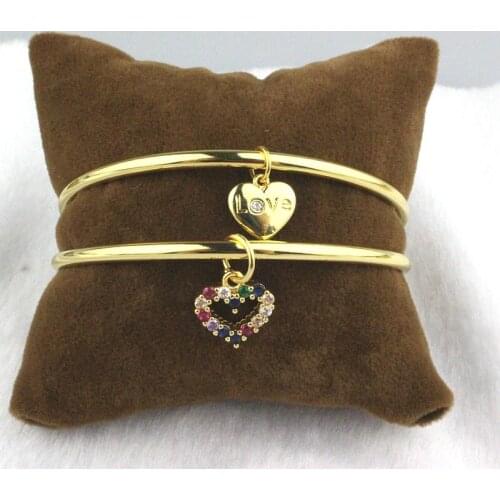 10pcs/lot Fashion new design plated bangle, adjustable colorful heart shape cz charm, popular cute style big bangle wholesale