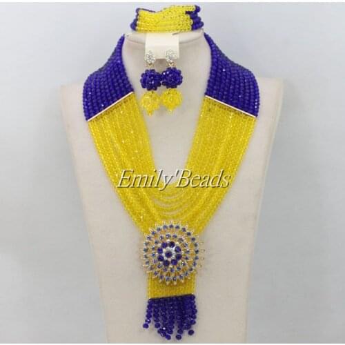 2015 Marvelous Royal Blue/Lemon Yellow African Wedding Beads Costume Nigerian Beads Crystal Jewelry Set Free Shipping AMJ828