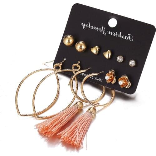 6 Pairs/Set Gold Color Heart Flowers Round Stud Earrings Set 2019 New Rhinestone Imitation Pearl Tassel Earrings for Women Gift