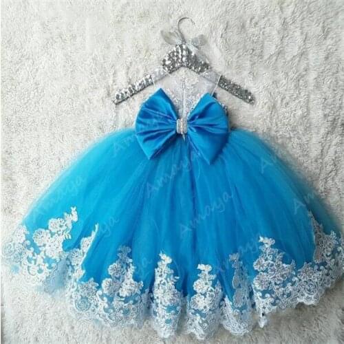 Amaya Blue Toddler Flower Girls Dresses Birthday Lace Appliques with Sparkly Rhinestones First Communion Gown with Bow Vestidos