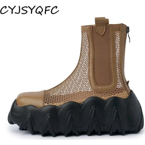 CYJSYQFC Vintage Women Short Boots Genuine Leather Mesh Breathable Platform Wave Heel Ankle Boots Square Toe Back Zip Lady Shoes