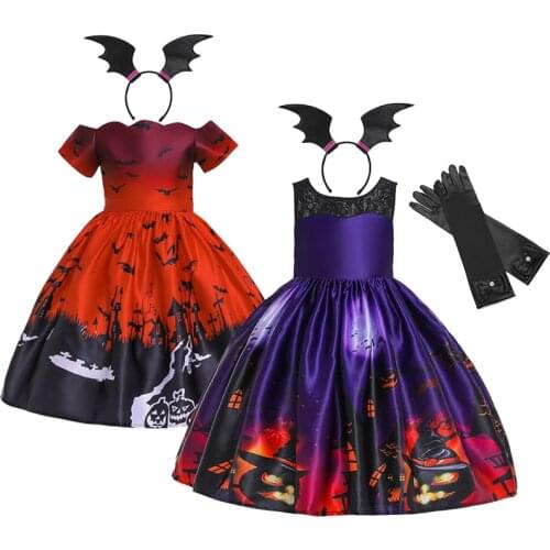 Childrens Halloween Costume Girls With Dress Children Bat Printed Ball Gown Festival Party Children Princess Dress
