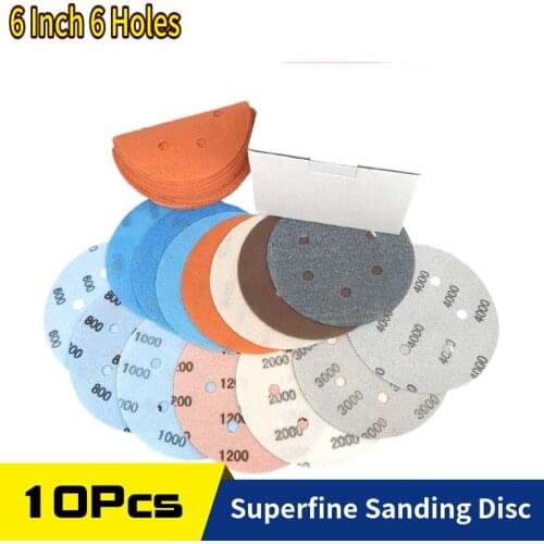 10 Pcs 6 Inch 150MM 6 Holes Superfine Sanding Disc Waterproof Sandpaper 600- 4000 Grits for Wet Dry Automotive Polishing