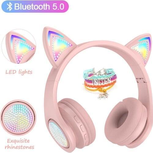 Girls Cat Ear Bluetooth Headphones LED Diamond Wireless Headphone Control Light Gamer headphones with mic for iphone xiaomi ipad