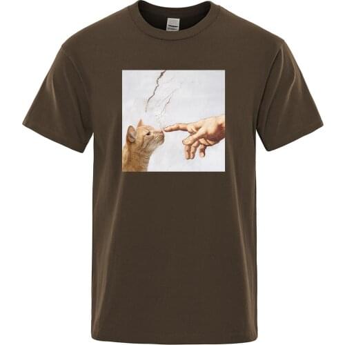 Finger Touching Cute Cat Printing Male T-Shirt Vogue Vintage T-Shirts Fashion Crewneck Clothed Streetwear Travering Tshirts Mans