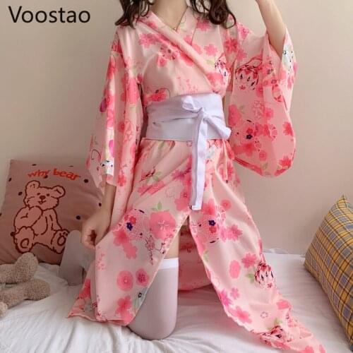Spring Autumn Japanese Kimono Floral Yukata Robe Sweet Women Cute Bowknot Long Sleeve Pajamas Dress Girls Sexy Cosplay Nightgown