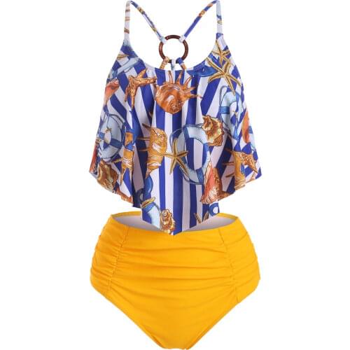 Wipalo High Waist Swimwear 2021 Starfish Shell Print Striped Tankini Women Sexy Two Pieces Sets Beach Bathing Suits Biquini 2xl