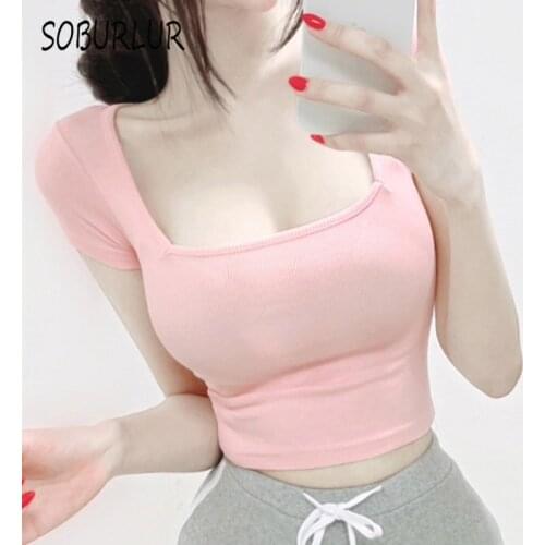 SOBURLUR Summer Harajuku Womens T-Shirts Solid Color Crop Top Woman Clothes Kawaii Tops For Girls Korean Style Fashion Tees New