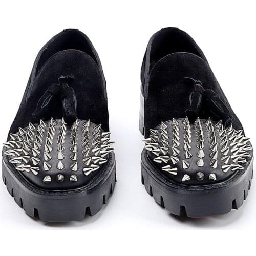New Spring rivet Black Casual shoes Slip on Loafers Genuine Leather Goodyear Round Toe Party Dress Shoes high heel