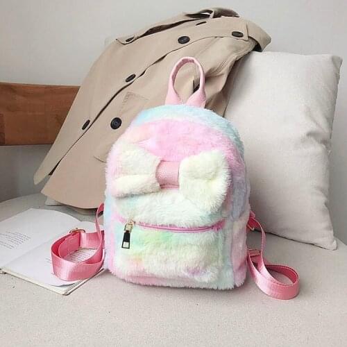 Mini Bow Backpack Bags Women Girl Plush Backpack Student School Rainbow Stationery Bag Cosmetic Bags Mochila Feminina