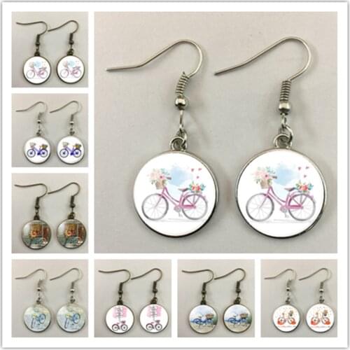 Fashion bicycle pendant earrings flower bicycle earrings glass cabochon pendants best gifts for womens wedding party jewelry