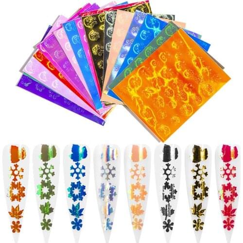 16PCS Nail Foil Sticker Set Holographic Maple Leaf Transfer Paper Snowflake Shining Nail Art Decal Gel Slide Sticker Decoration