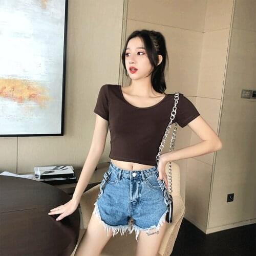 The new western style leakage navel coat double U collar rib short-sleeve pure color of tall waist render unlined uppe