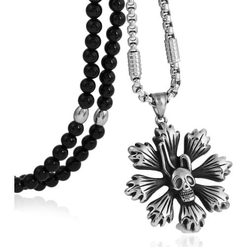 316L Stainless Steel Satanism Satan Skull Pendant Necklace, with Black Natural Stone Chain 26"