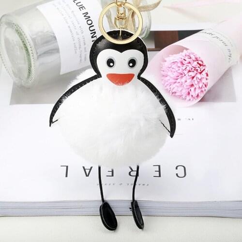 Pompom Lovely Penguins Fake Rabbit Fur Ball KeyChain Fourrure Pompon for Women Girls Charms Jewelry Key Ring EH860