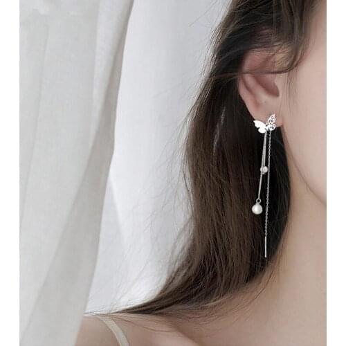Prevent allergy 925 Sterling Silver Tassel Round Pearl Butterfly Drop Earring for Women Party Wedding Jewelry eh1644