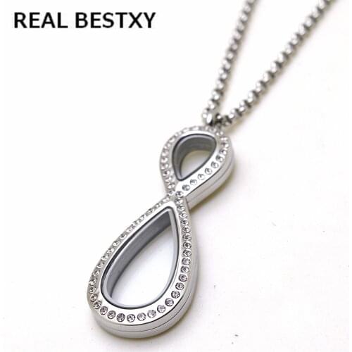 REAL BESTXY new design Infinity glass lockets with Crystal for Women with rolo Chain infinity crystal lockets