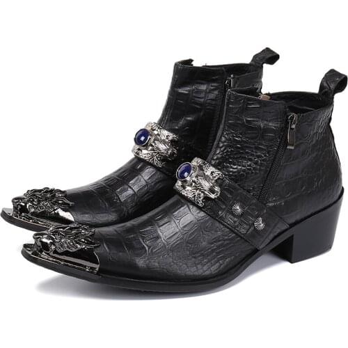 Boots for Men Large Size Metal Pointed Toe High Heel Man Motorcycle Boots Business Party Mens Ankle Boots Botas De Hombre