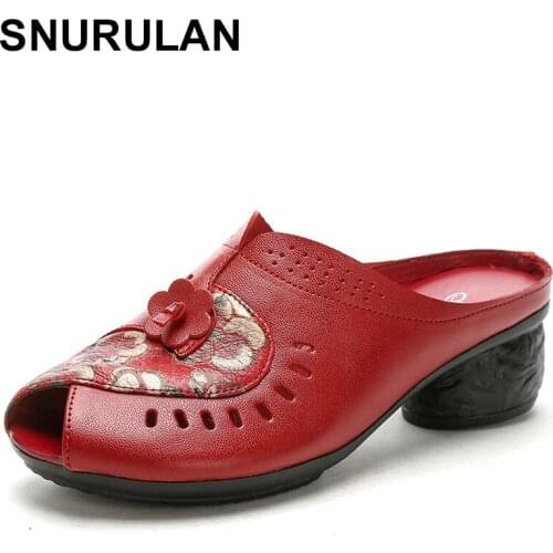 SNURULAN 2021Summer Shoes Fashion Women Slippers Female Hollow Out Women Genuine Leather Sandals Med Heels Shoes zapatos mujer