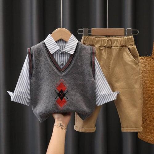 New Children Fashion Baby Boy Gentleman Sweater Vest Strips Shirt Pants 3Pcs/Set Kids Infant Clothing Toddler Tracksuit 0-4 YEAR