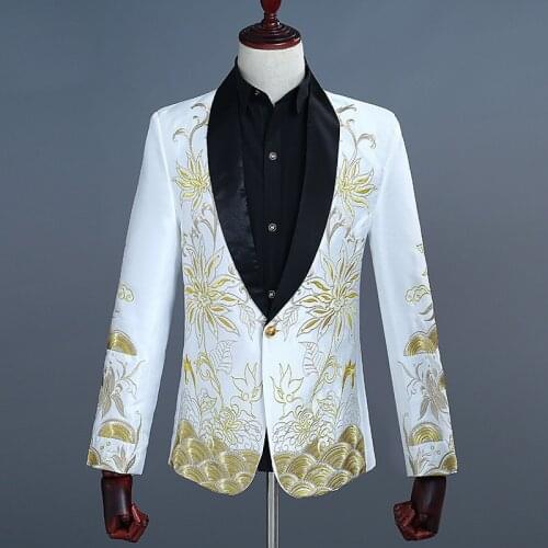 Wedding Groom Shawl Collar Tuxedo Blazer Men Brand White Embroidery Suit Jacket Men Stage Singer Party Prom Blazer Masculino