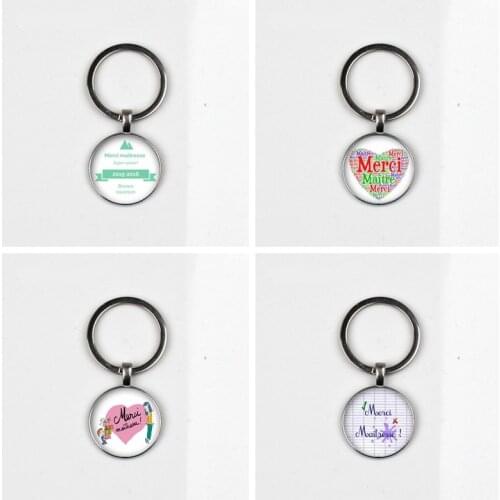 XKXLHJ New Hot Merci Maitresse Pattern Round Keyring Photo Glass Cabochon Charm Car Keychain Jewelry Gift