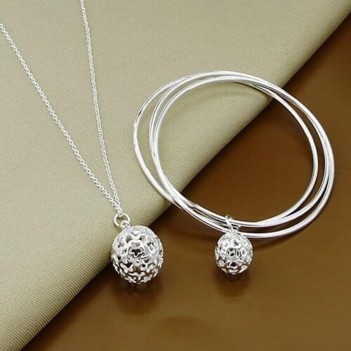 Jewelry Sets 925 Sterling Silver Simple Round Ball Necklace Bangles Set High Quality Jewelry Wholesale
