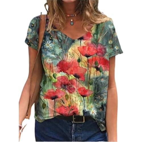 2021 New Women Floral Printed T Shirt Summer Short Sleeve V-Neck Loose Casual Tops Oversized Ladies Streetwear Tee Top Plus Size