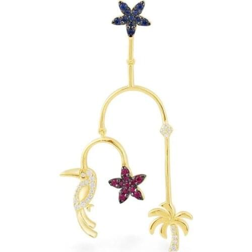 SLJELY Fashion Real 925 Sterling Silver Jewelry Single Gold Color Tropical Palm Floral Toucan Earring Pave Zircon 1pc for Women