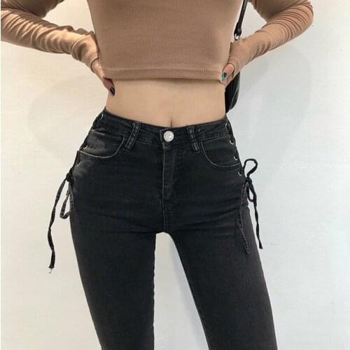 2020 Autumn Brand New Women Skinny Jeans Side Lace-up Sexy Pencil Pants Stylish Black Jeans Pantalones Vaqueros Mujer