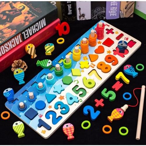 4 in 1 Wooden Number Puzzles Stacking Sorter Fishing Game Education Kids Toy Early Learning toys Teaching supplies