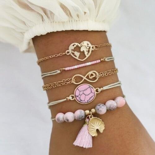 5PCs Bohemia Pink Tassel Natural Stone Bracelets Set Heart Map Bead limit Symbol Charm Bracelets for Women Wrist Chain Jewelry